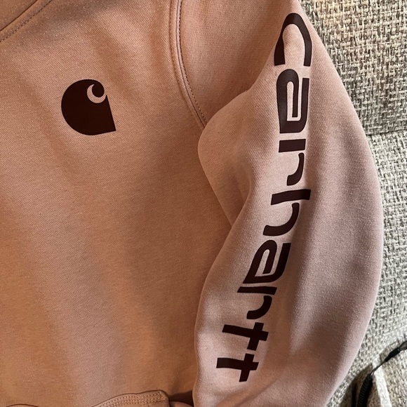 Carhartt Women’s Midweight Relaxed Fit Block Logo Sleeve Hoodie - Dusty Rose #36 - Picture 2 of 6